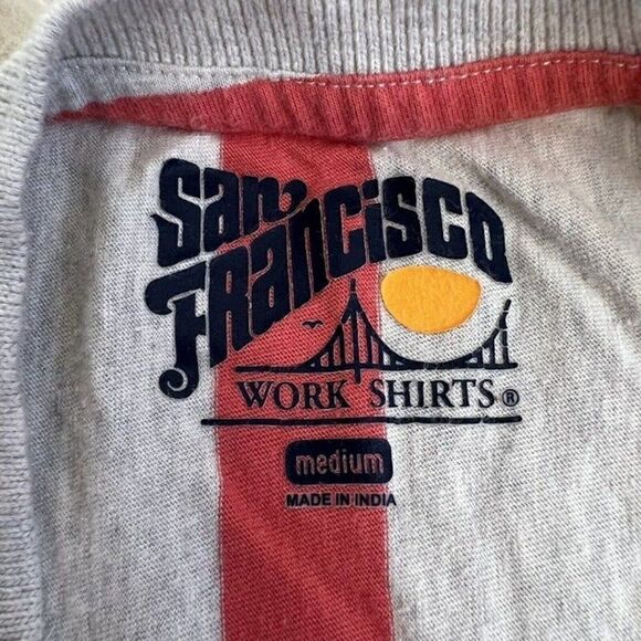 San Francisco Work Shirts T Shirt Gray Blue White Vertical Stripe Short Sleeve M - Picture 3 of 8